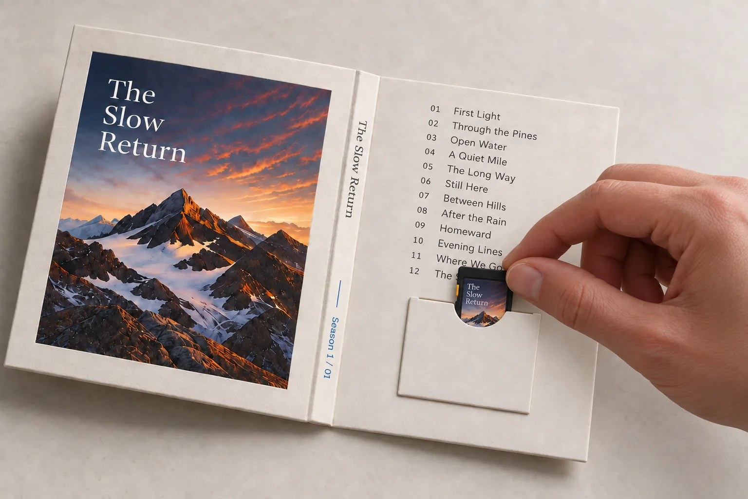 A hand lifts the small album card out of the pocket in its open cardstock sleeve, beside the artwork and a twelve-song tracklist
