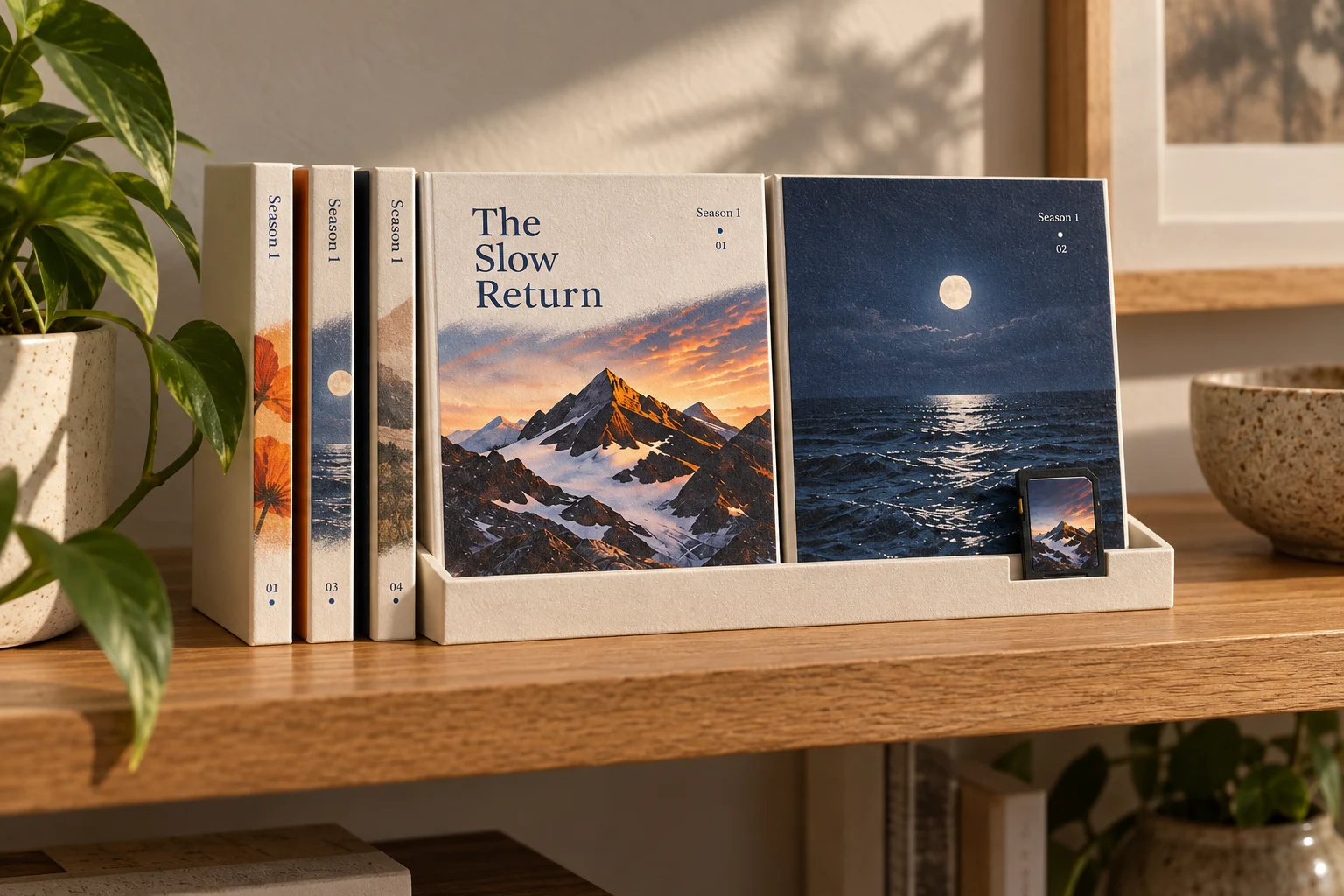 Small album sleeves arranged on a home shelf, with two covers facing forward on a low display tray