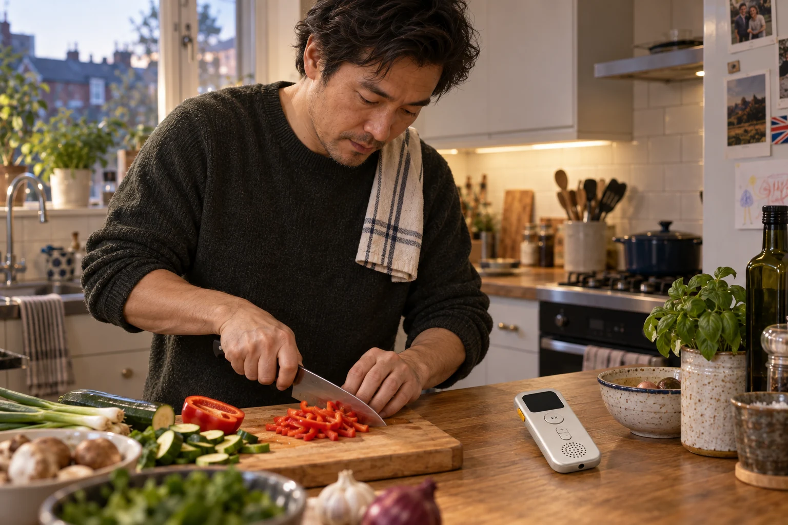 A man preparing dinner while Tim lies flat on the kitchen counter, ready to play through its built-in speaker