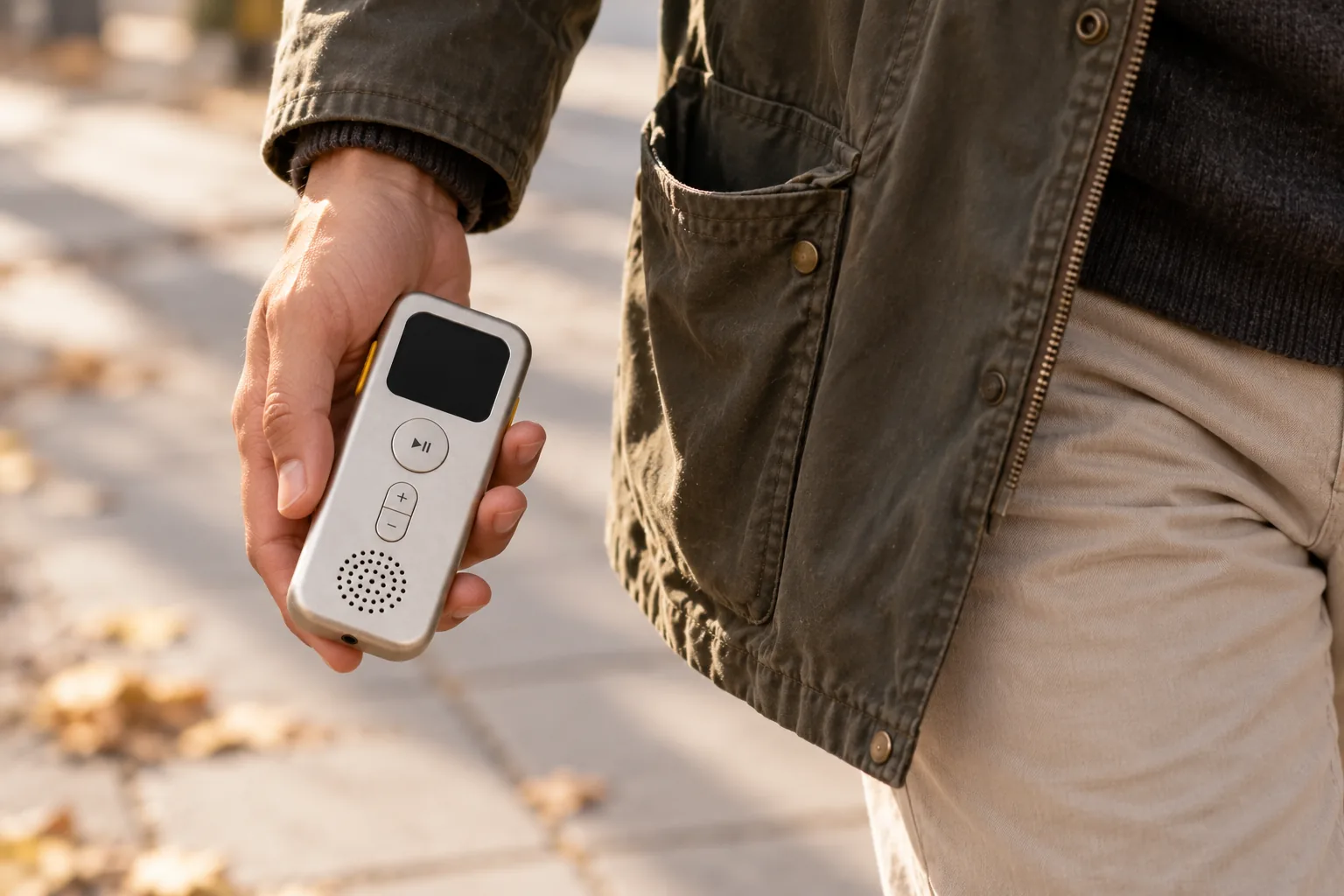 A hand holding Tim beside a jacket pocket while walking