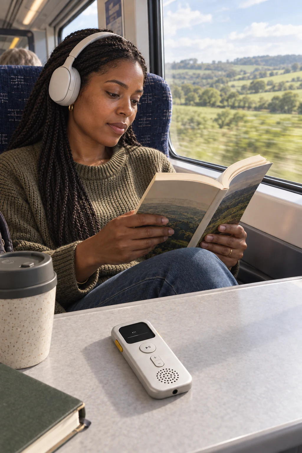 A passenger reading on a train with wireless headphones and Tim lying flat on the table