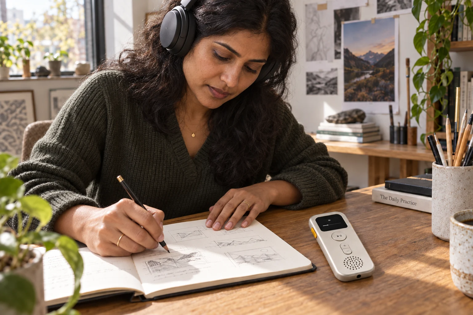 A designer absorbed in sketches at a desk, with Tim lying flat nearby